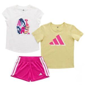 adidas Toddler Girls' 3-piece Short Set Size 2T, 5 Pink Yellow